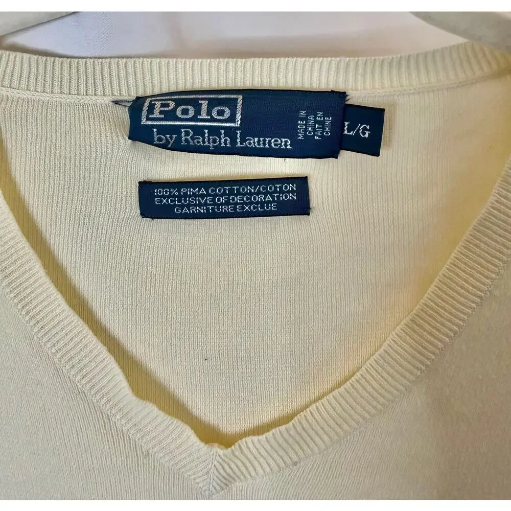 Vintage Polo Ralph Lauren V-neck Pima Cotton Knit Sweater in Cream Men's sz. L